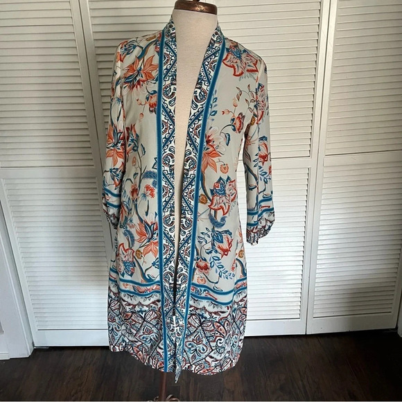 CHICO'S DUSTER KIMONO CARDIGAN BARREL SLEEVE FLORAL RISING BLOOM cream blue 2 - Picture 1 of 12